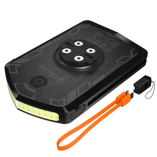Cyclean black cycling tail light with LED strip, orange charging cable, and Carcader branding