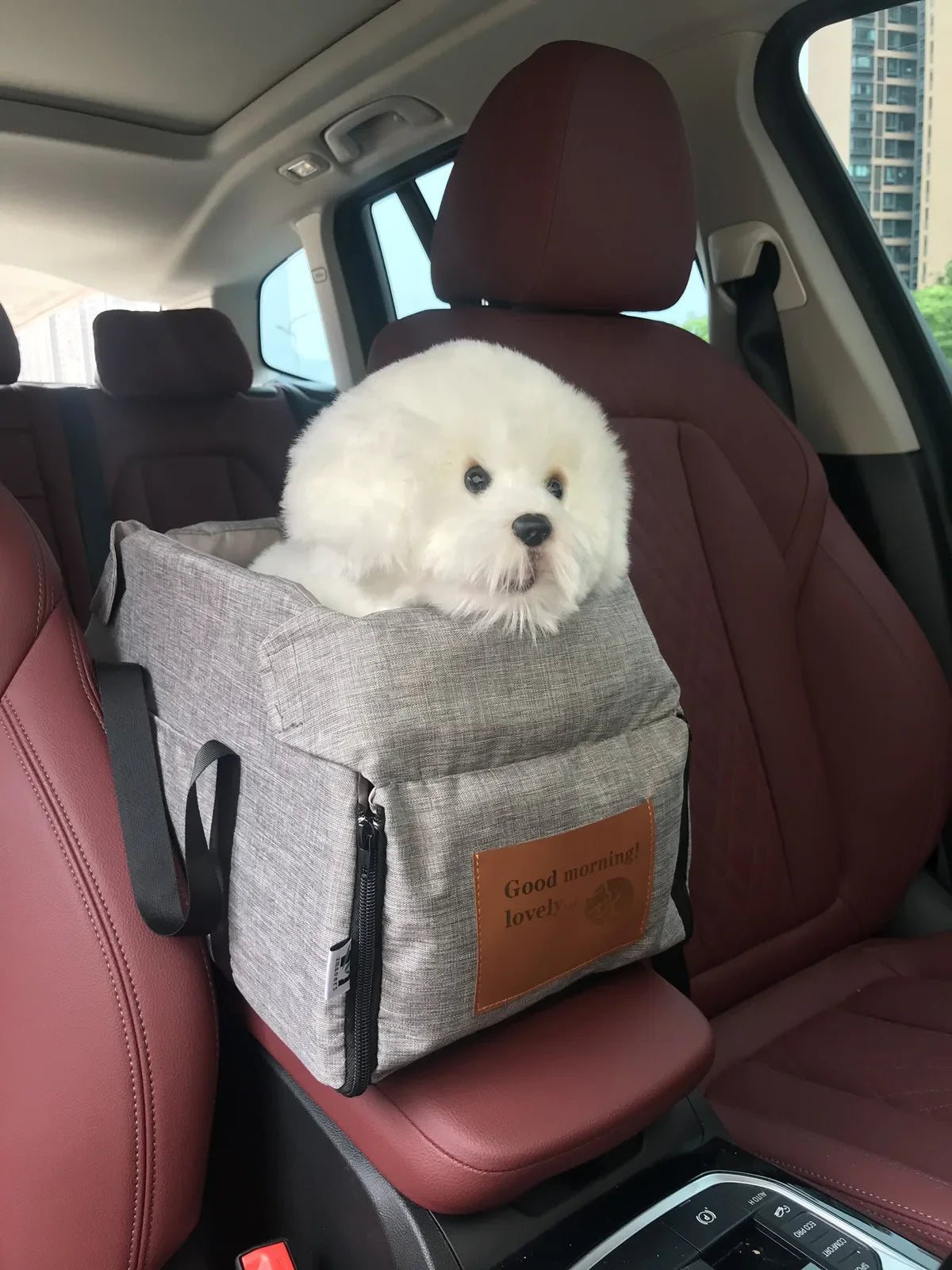 Fluffy white dog in a gray pet car seat on red leather interior, Carcader product