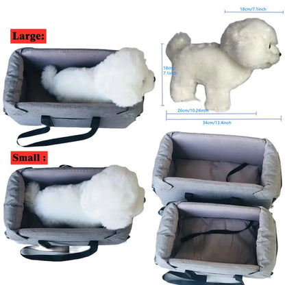 Gray pet carrier bags in large and small sizes with white plush dog and measurement details, Carcader