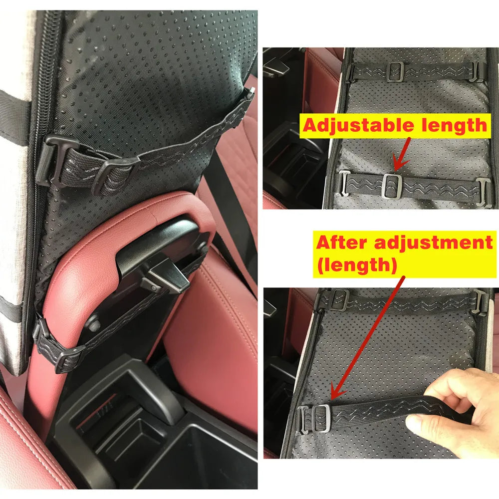 Adjustable car seat organizer with straps installed on red leather vehicle seat, Carcader accessory