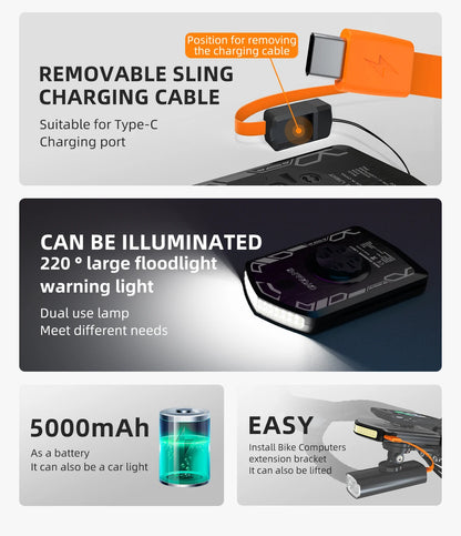 Carcader bike accessory with removable sling charging cable, 220° floodlight, 5000mAh battery