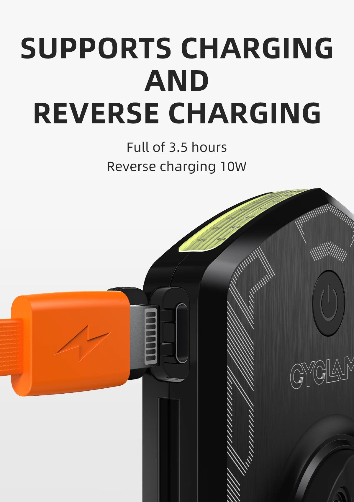 Cyclam charging device close-up showing charging and reverse charging capability, Carcader