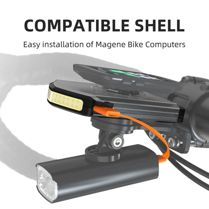 Magene bike computer mount with light and orange cable attached, Carcader accessory