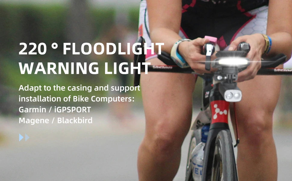 Cyclist using bike with 220° floodlight warning light and bike computer mount, Carcader