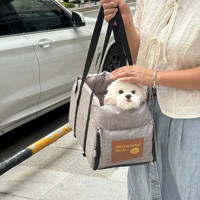 Woman carrying small white dog in gray pet carrier bag from Carcader on city sidewalk