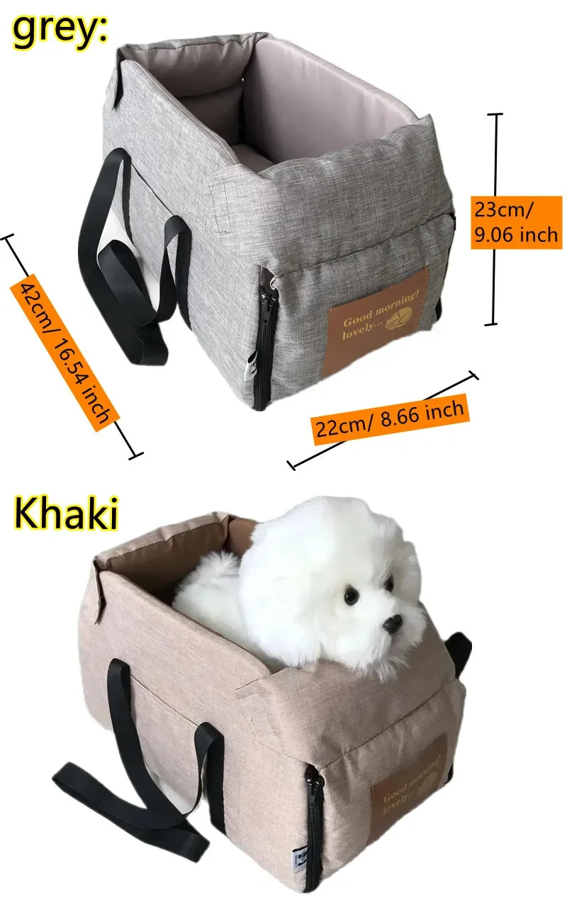 Grey and khaki Carcader pet carrier bags with shoulder straps and labeled dimensions