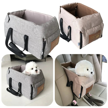 Carcader pet car booster seats in grey and beige with small white dog inside, shown in car and indoors.