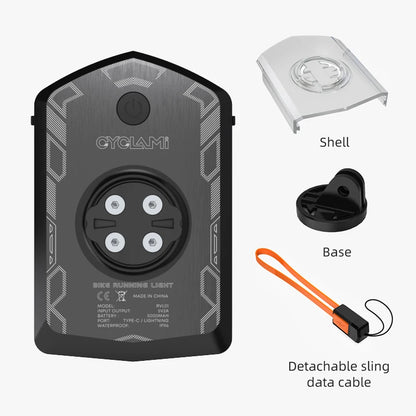 Cyclami bike running light with shell, base, and detachable sling data cable