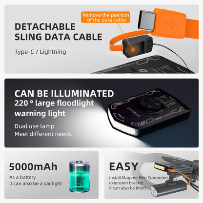 Carcader multifunctional bike light with detachable Type-C cable, 220° floodlight, 5000mAh battery