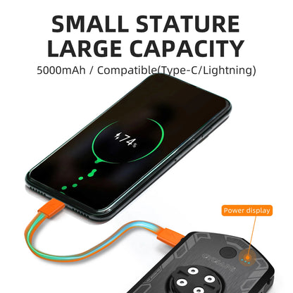 Carcader portable charger powering a smartphone via orange cable, 5000mAh, power display shown