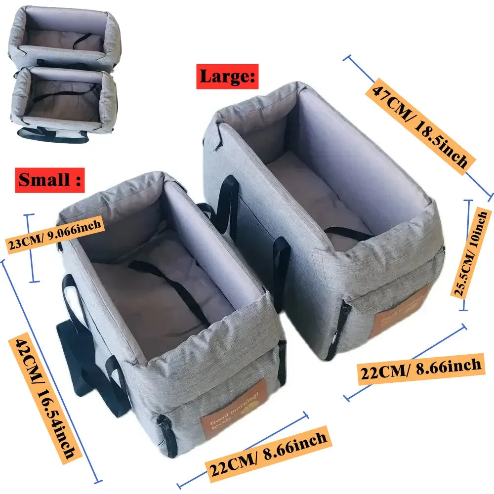 Carcader gray portable pet car seats in large and small sizes with dimension labels