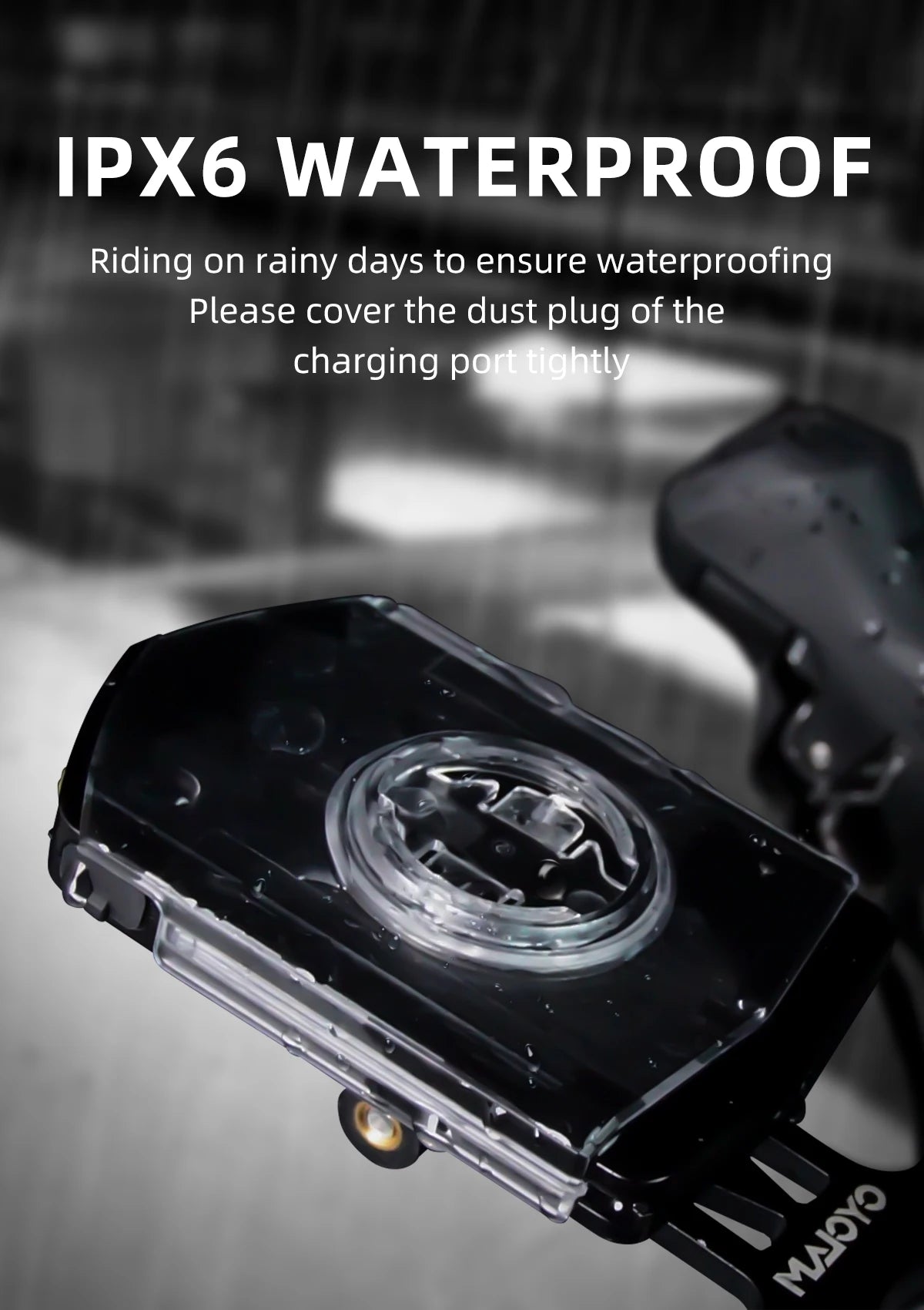 IPX6 waterproof bike accessory with water droplets, ideal for rainy riding, Carcader