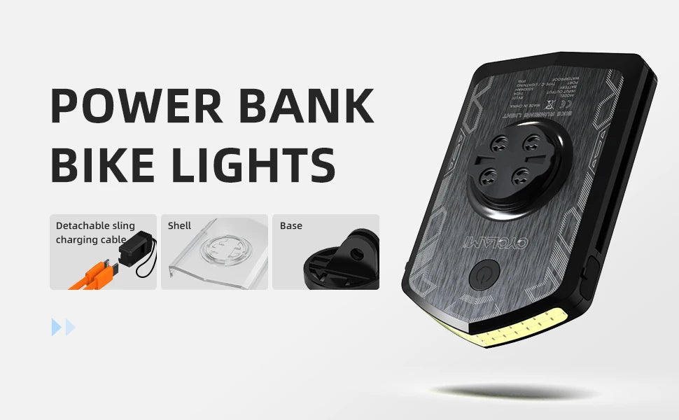 Carcader power bank bike light with detachable charging cable, shell, and base in black design