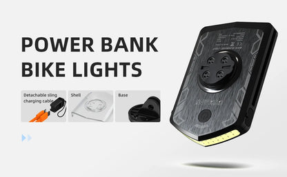 Carcader power bank bike light with detachable charging cable, shell, and base in black design