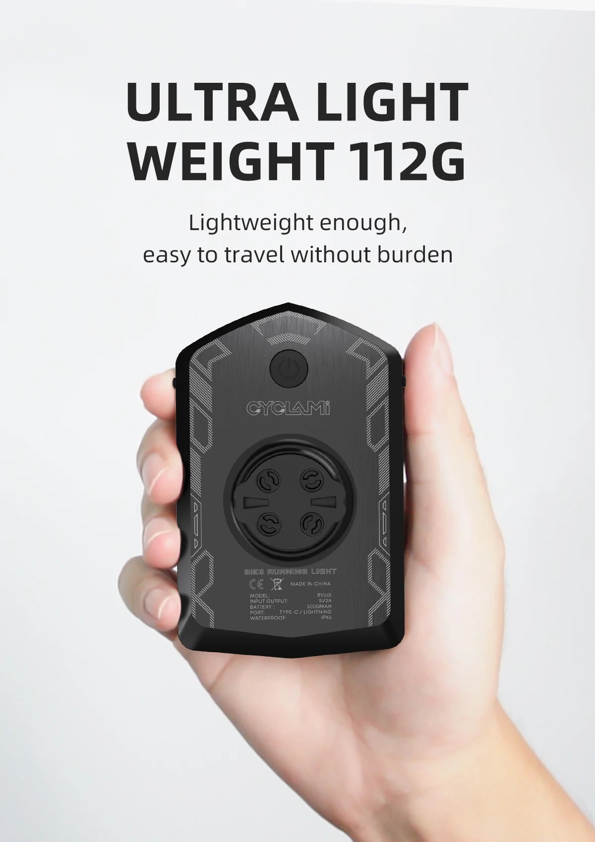 Hand holding a Cyclami ultra lightweight 112g portable device, Carcader homepage product