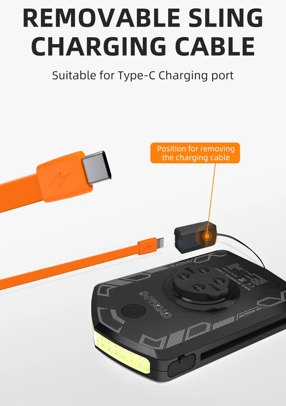 Carcader removable sling charging cable with Type-C port and black device, orange accent.