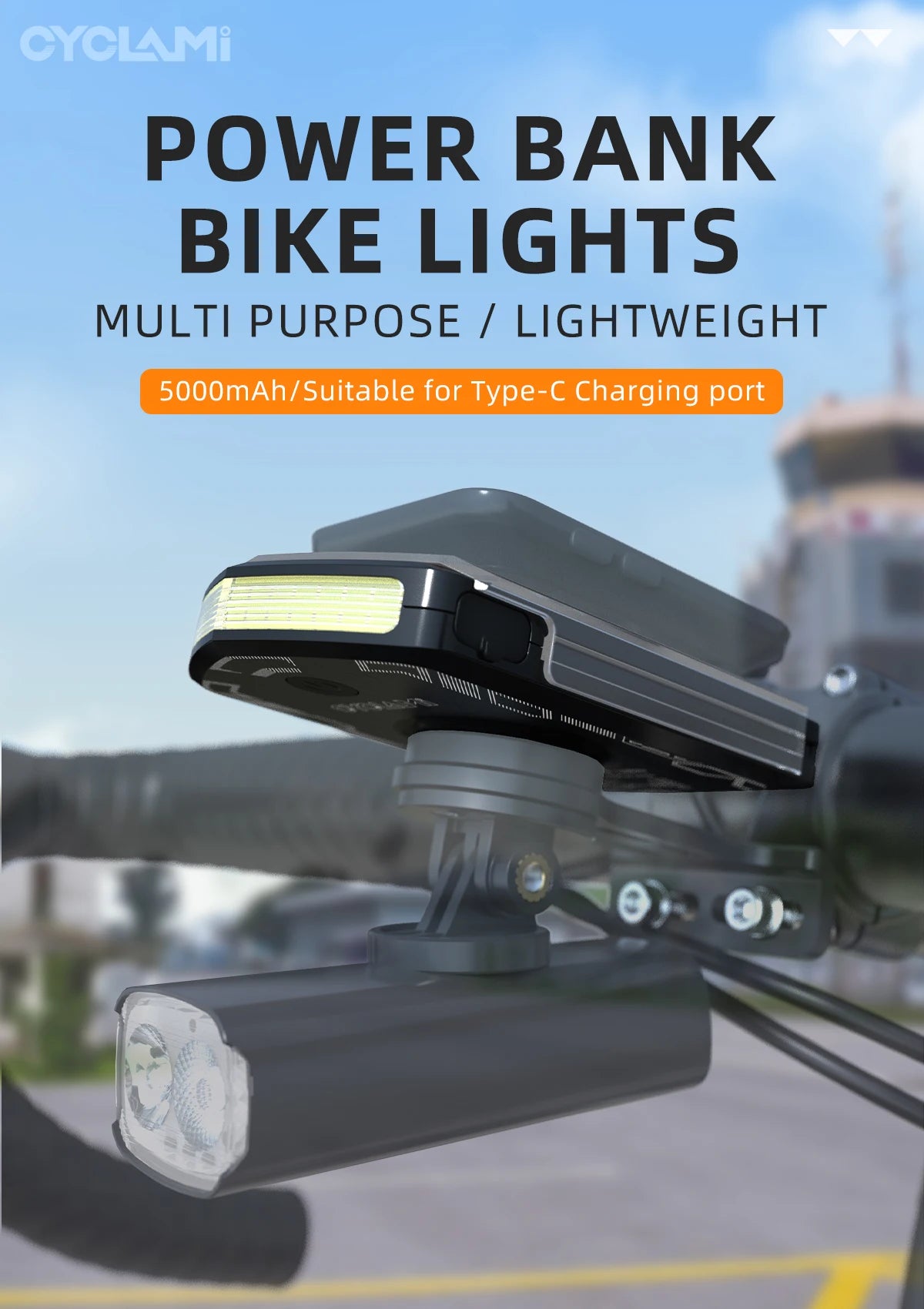 Multipurpose lightweight power bank bike light with 5000mAh Type-C charging, mounted on handlebars