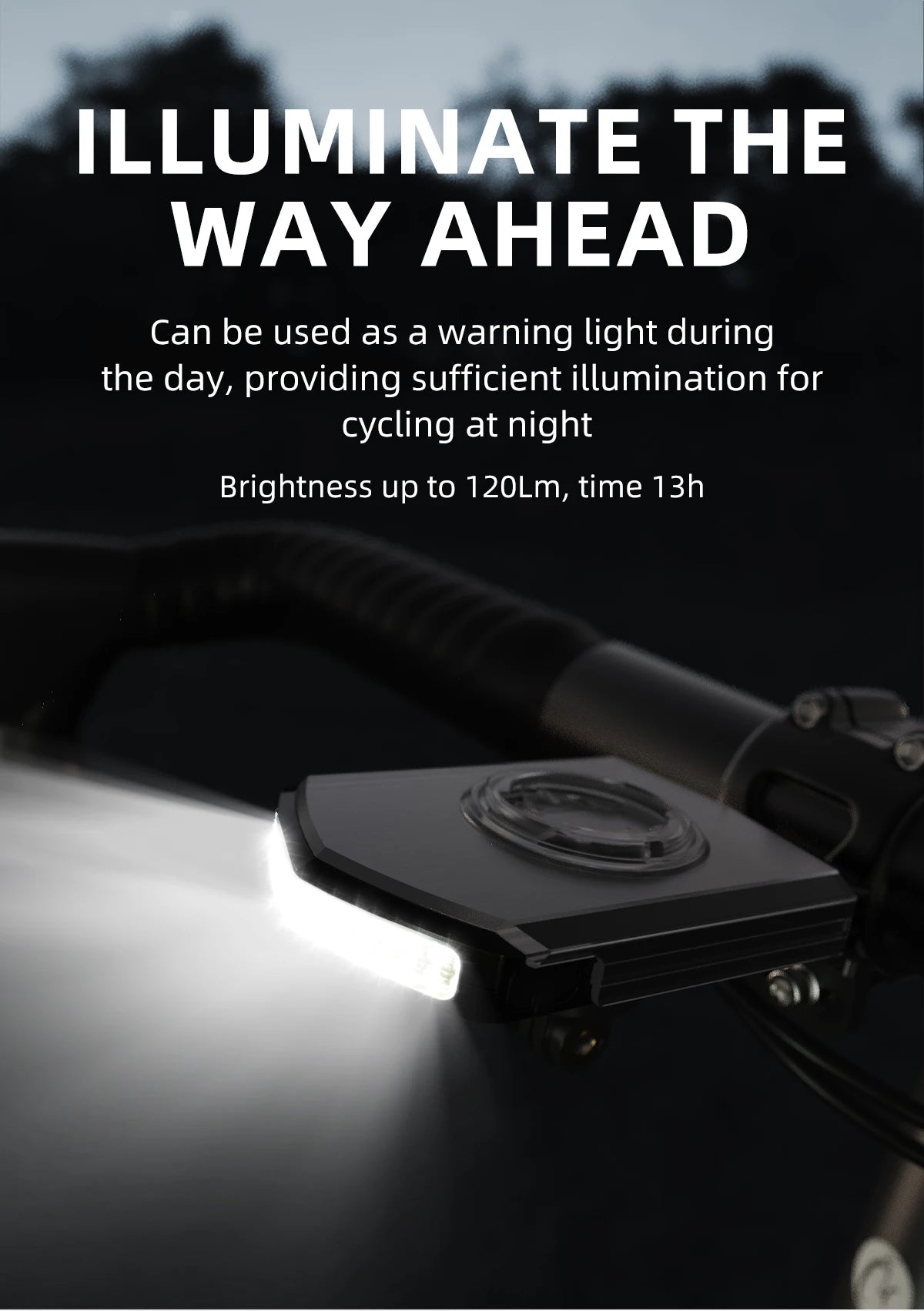 Carcader bike handlebar light illuminating dark road, cycling accessory, 120 lumens brightness