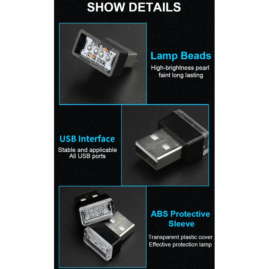 3x Mini Blue LED USB Car Interior Light Neon Atmosphere Ambient Lamp Accessories