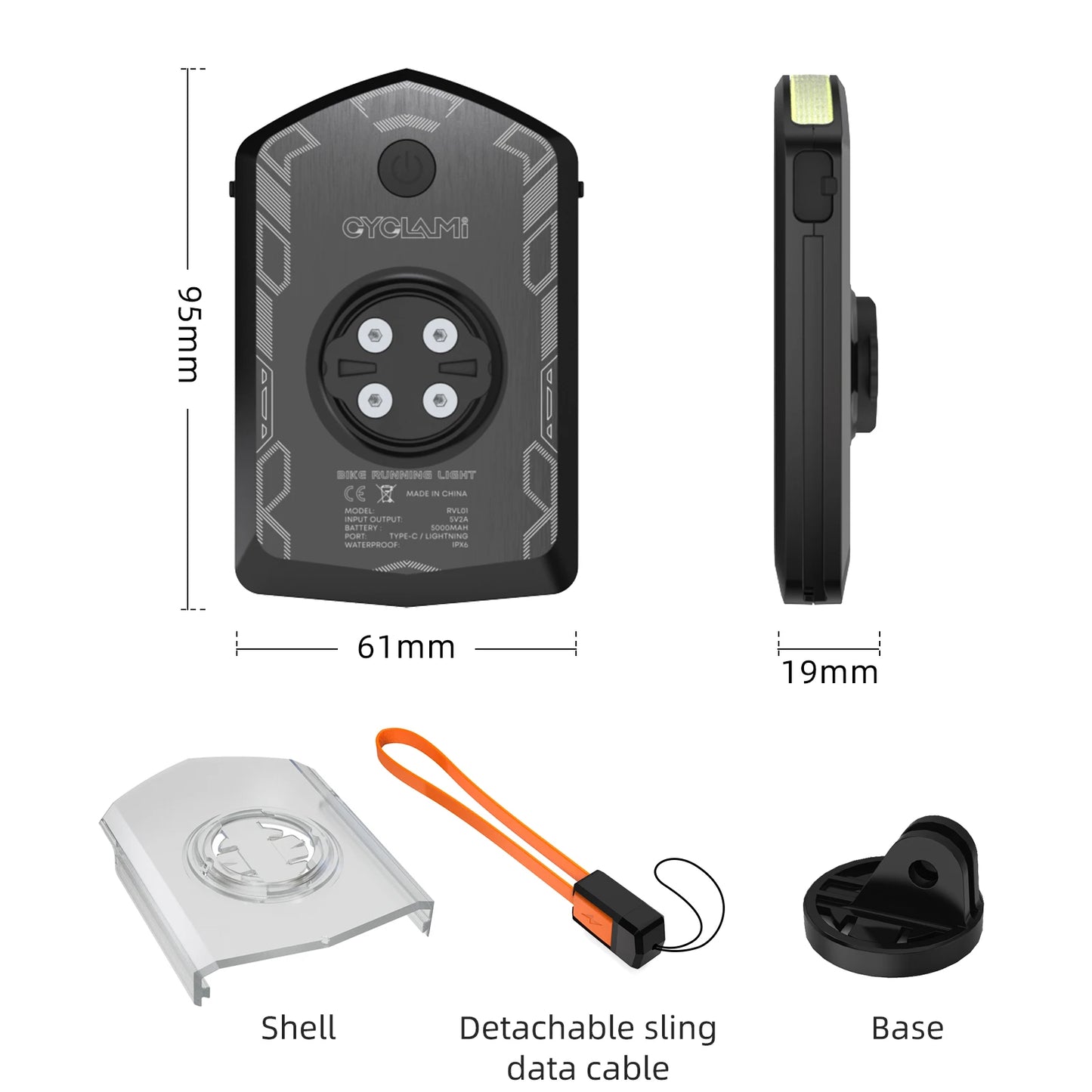 Cyclami bike running light with dimensions, shell cover, detachable sling data cable, and base