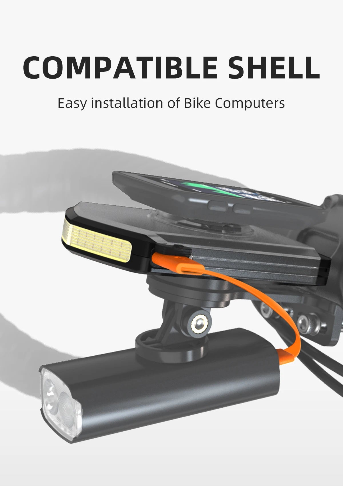 Bike computer mount with front light and charging cable on handlebars, Carcader accessory